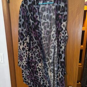 Leopard Print Open-Front Cardigan - Purple/Gray